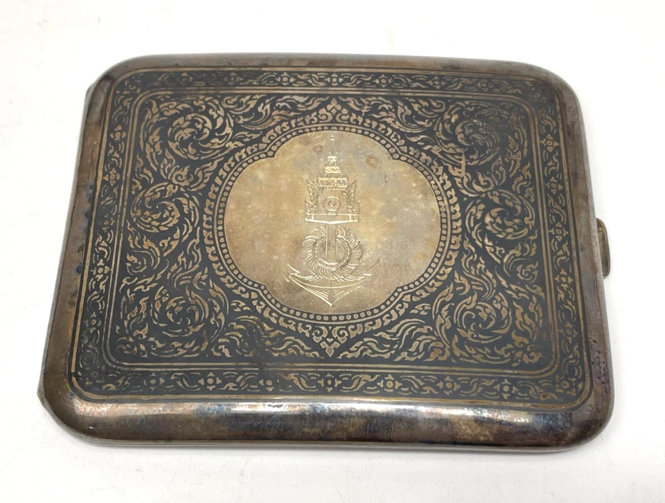 Estuche de cigarrillos Siam Nielloware 1962 vintage de plata esterlina, Thai Nakon USN Foto 2 de 4