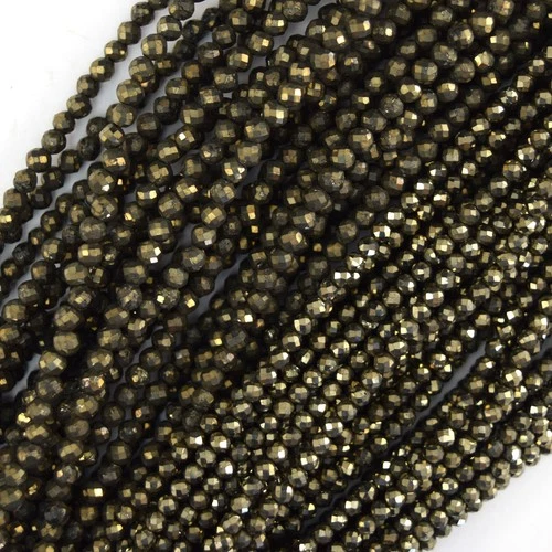 Natural Micro Faceted Pyrite Round Beads Gemstone 15.5" Strand 3mm 4mm