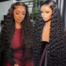 RAYFOG 26 Inch Deep Wave Lace Front Wig Human Hair 13x4 180 Density Natural