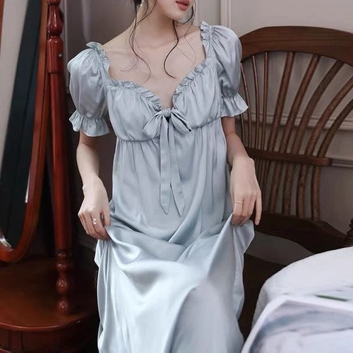 Damen Kunstseide Nachthemd Satin Nachthemd V-Ausschnitt Nachtwäsche Schleife Midikleid - Bild 3 von 23