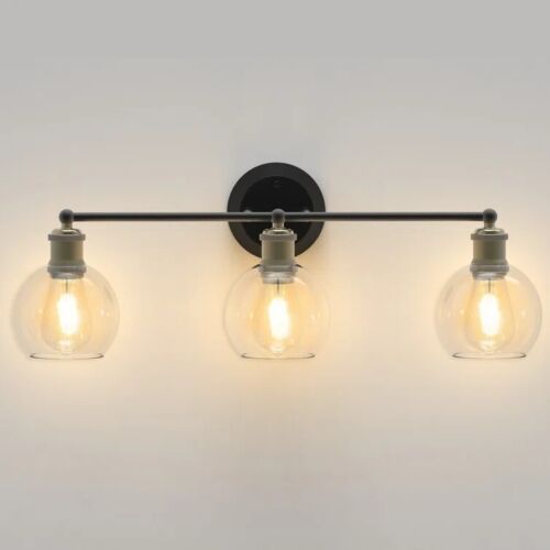 3 Lights Bathroom Vanity Wall Light Mirror Black Wall Sconce with Glass Shades - Picture 7 of 15