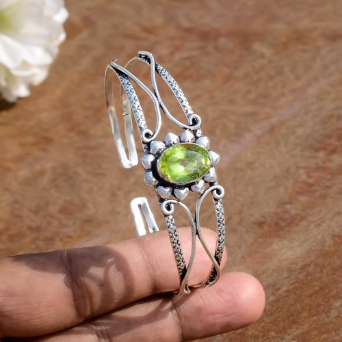 Faceted Peridot Oval Gemstone 925 Sterling Silver Bangle Cuff Love Gift Jewelry - Picture 3 of 7
