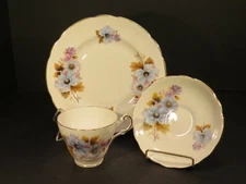 Regency Bone China England Teacup, Saucer, Dessert Plate Trio Blue Floral 1953