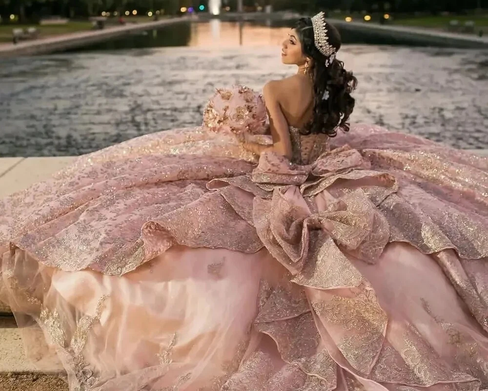 Rose Gold Princess Quinceanera Dresses Sparkly Beaded Bow Ball Gown Sweet  15 16 | eBay