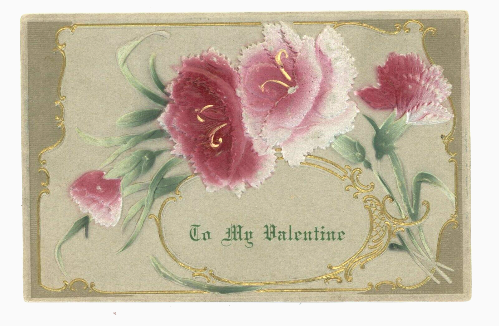 Vintage Postcard Valentine PINK FLOWERS GOLD RAISED RELIEF EMBOSSED