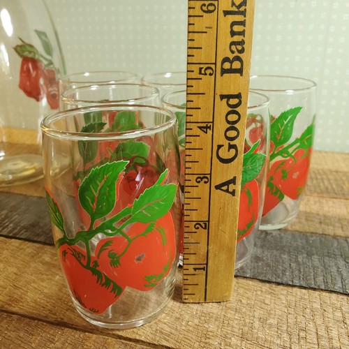 Vintage Lot Of 6 Apple Cider Juice Glasses & Lipped Pitcher Set Hand Painted MCM - Picture 7 of 7