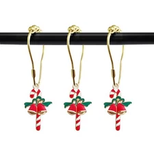 Set of 12 Christmas Shower Curtain Hooks Xmas Red White Candy Cane and Bells ...