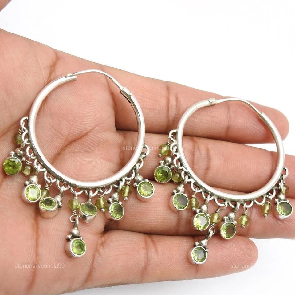 Peridot Stone Hoop Unique Bezel Art Deco Daughter Boho Earrings Sterling Silver - Image 4 of 4