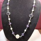 Purple Beads White Glass Pearls Silver Tone 26 Inch Necklace Artisan Made