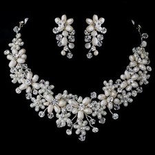 Silver Pearl  Crystal, Floral Wedding Bridal Jewelry Set, Necklace  Earring