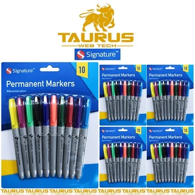 SIGNATURE-OTL 50 x Permanent Markers Pack Assorted Multi Colour Fine Point Tips School Pens UK