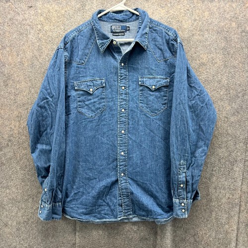 Vtg Polo Ralph Lauren Denim Shirt Mens XL Blue Snap Pearl Classic Western Rodeo
