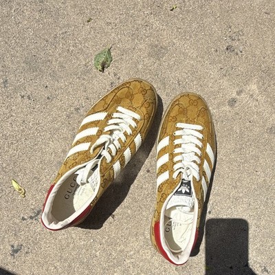 adidas x Gucci Monogram Low Top Lace-Up Sneakers Brown/White 3-Stripes Red Heel