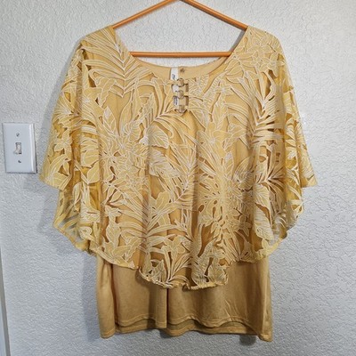 Yellow Layered Tropical Floral Top Size XL Sheer with Tank Underlay Boho Chic