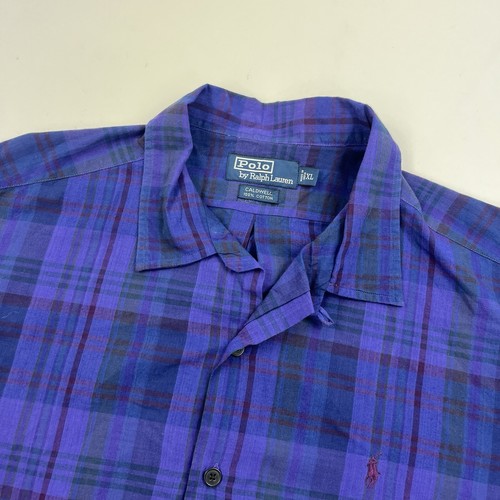 NEW Vtg Polo Ralph Lauren Caldwell Blue Plaid Loop Collar Camp Shirt Size XL