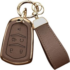 Key Fob Cover for Cadillac with Key Chain, Upper Leather  Soft 5-buttons/Brown