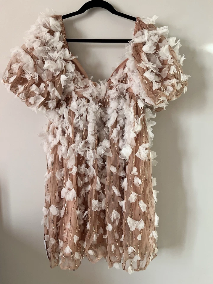ASOS Luxe Feather Dress Size 10 Nude Sheer Cocktail Party Statement Puff Sleeves - Image 4 of 4