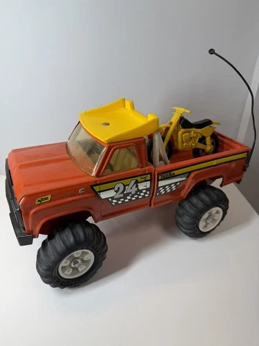 Vintage Tonka Truck 4x4 in Orange AT-857 Rubber Tires w/ Yellow Dirtbike