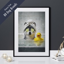 Funny Dog in Bath Print – Quirky Pet Lover Gift Bathroom Wall Art – 80 Breeds