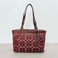 Coach Gallery Signature Burgundy Canvas Patent Leather Tote Bag Large 40cm