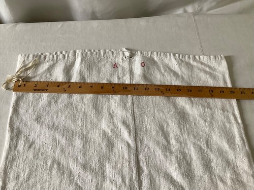 Antique French grain olive Feed Sack Linen Rustic Hand mends Mono AO - Picture 11 of 12
