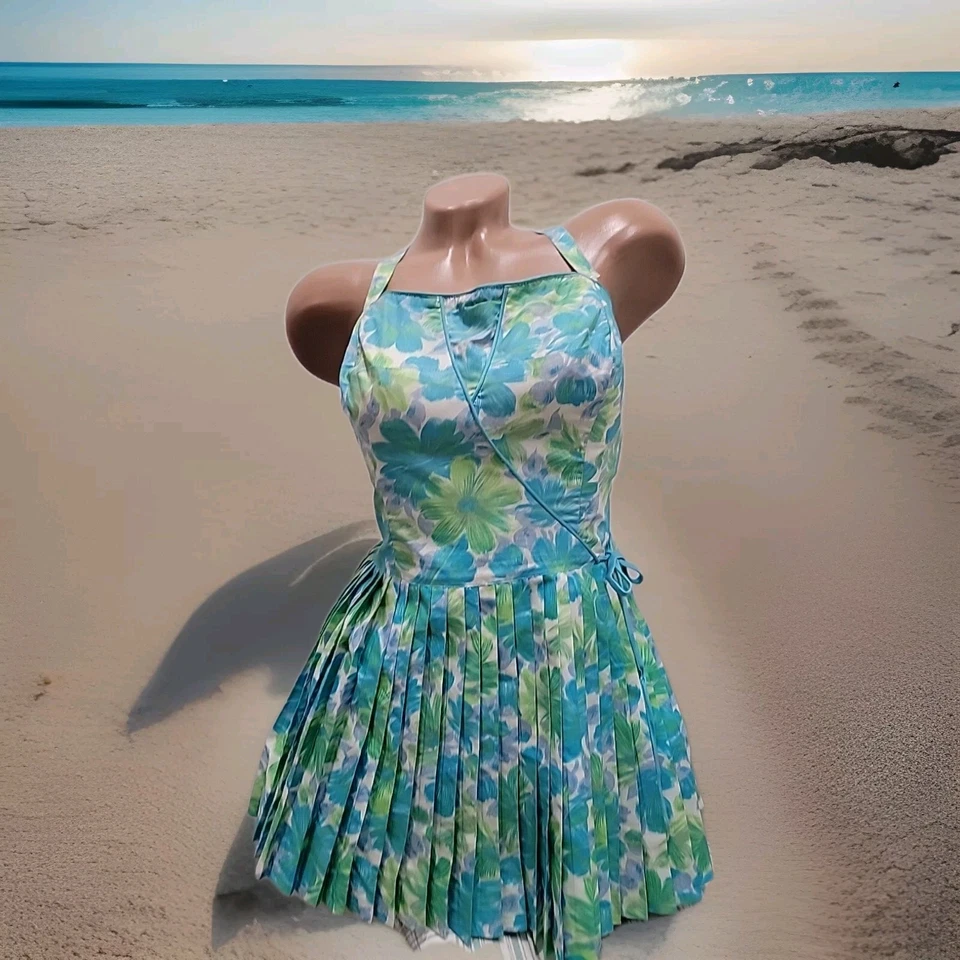 Traje de baño de colección años 60 vestido Gabar 16 sujetador incorporado blanco azul verde estampado margarita Foto 3 de 4