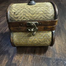 Vintage Woven Wicker Wood Mini Trunk Dome Che...