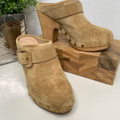Veronica Beard Dacey Suede Clog Mules Block Heel Gold Studded Buckle Strap  5.5