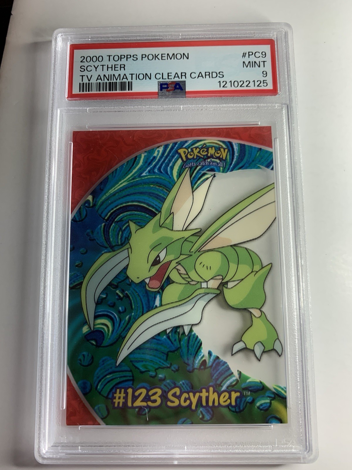 2000 Topps Pokemon TV #PC9 Scyther Clear Card Animation Series 3  PSA 9 MINT