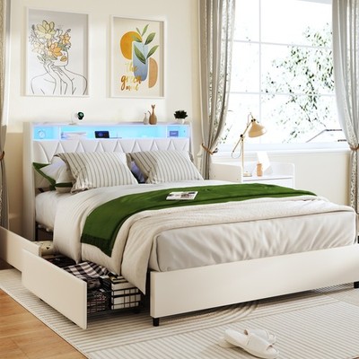 Queen Size LED Platform Bed Frame w/ 4 Drawers & Storage Headboard & USB Ports