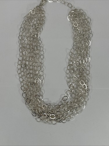 925 Sterling Silver Multi Layer Strand Oval Chain Link Necklace Flashy Gorgeous - Picture 9 of 11