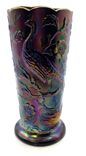 FENTON VASE 8" w/Purple & Peacock w/ Flowers Lovely**
