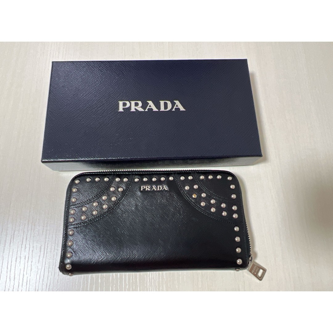 PRADA Saffiano studded black leather wallet round zipper