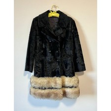 Vintage 60s Black Faux Fur Coat Genuine Tan Fox Fur Trim Union Made Miss B.R.