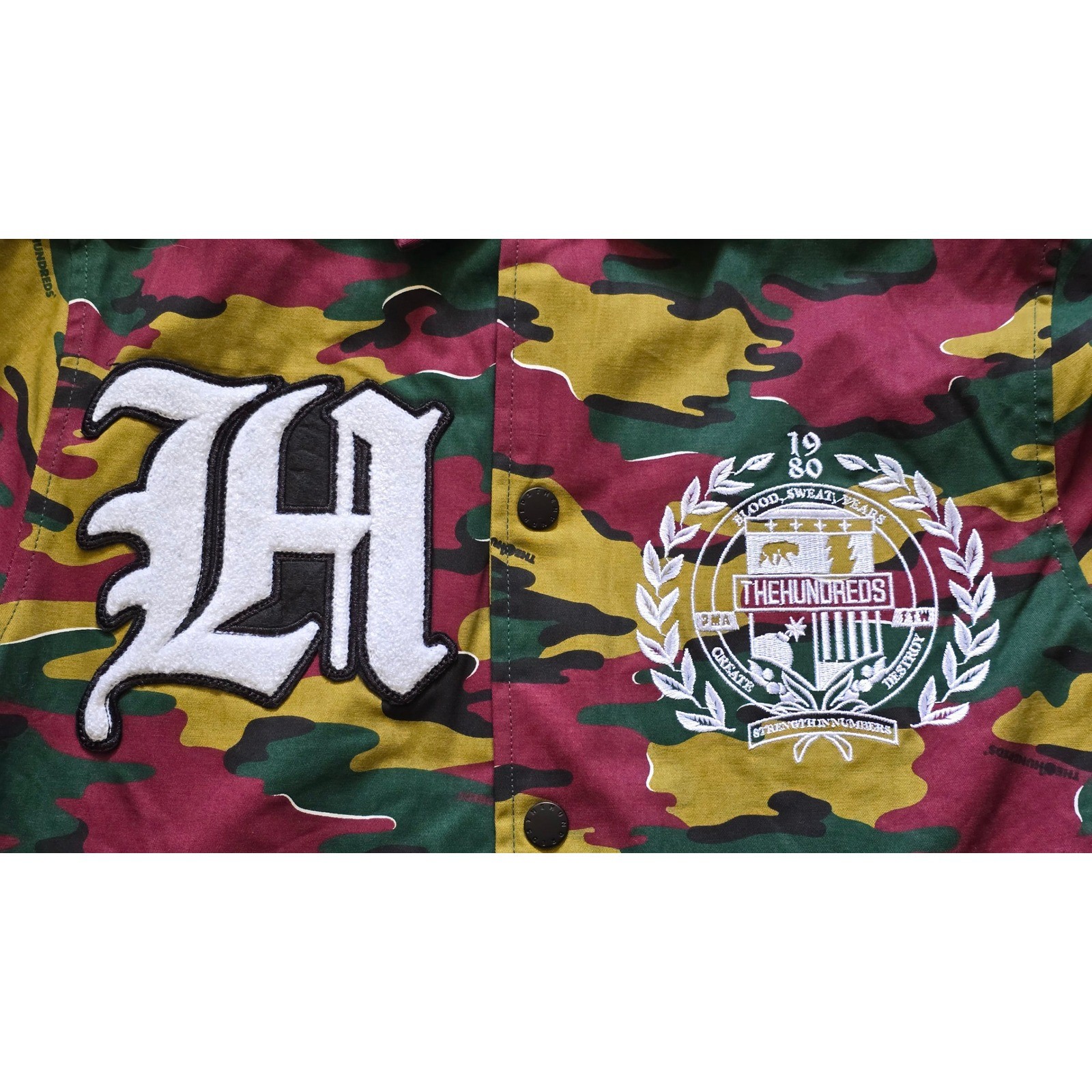 The Hundreds Camo Chore Jacket Mens Medium Button Front Patches Multicolor image 6