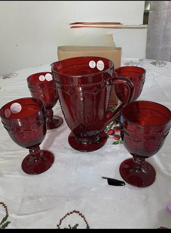 Unmarked Red Glass Pitcher & 5 Handled Goblets Set, Decorative
