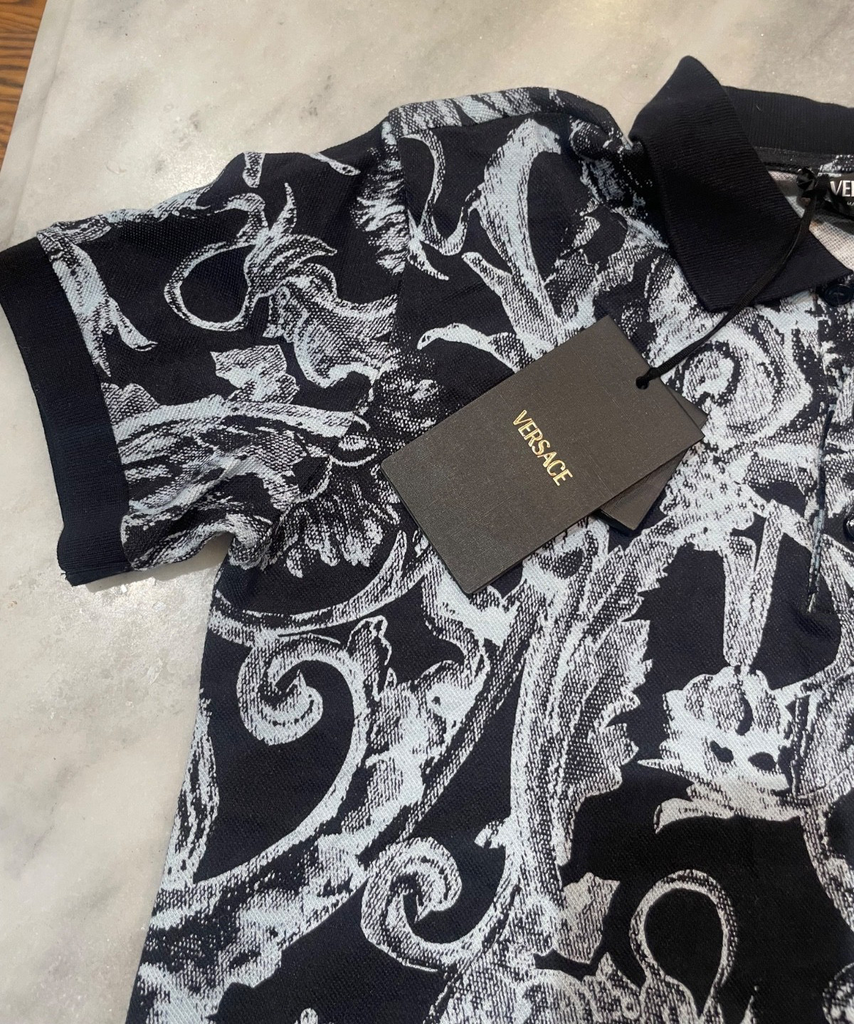 Versace Rare Boys' Brand New Size 10 Navy Blue Barocco Stencil Polo Shirt thumbnail 2