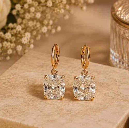 5.00 CT Cushion Cut EF/VS Lab Grown Diamond Dangle/Drop Earring 14k Yellow Gold