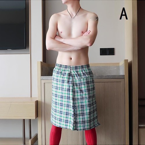Men Gay Night Skirt With Pocket Cotton Blend Plaid Bath Sleepwear Loungewear New - Picture 13 of 18