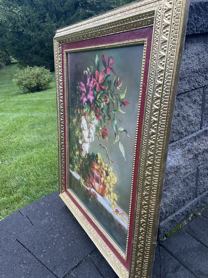 "Impresión artística enmarcada dorada firmada por Di Giacomo ángulo con flores 30,5 x 24,5""" Foto 2 de 4