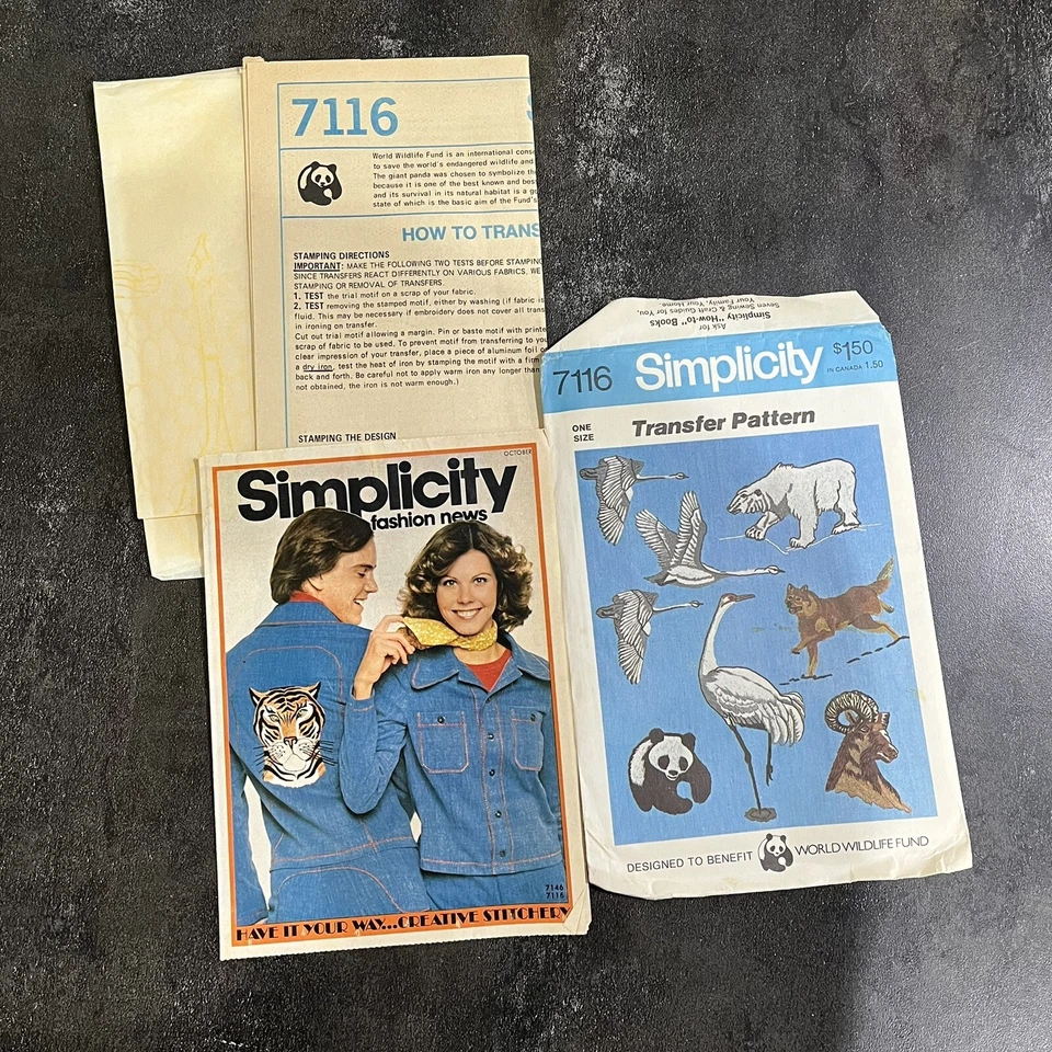 Transferencias bordadas Simplicity 7116 vintage años 70 sin cortar especies en peligro de extinción Foto 2 de 4