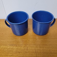 2 Vtg Blue Enamelware Camping Coffee Cups, Mugs