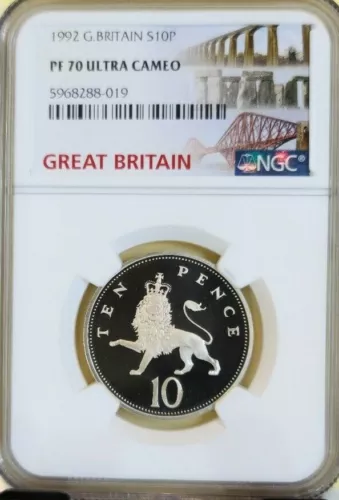 1992 GREAT BRITAIN SILVER 10 PENCE CROWNED LION NGC PF 70 ULTRA CAMEO PERFECT