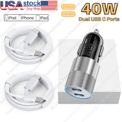 40W Dual USB Type C Car Fast Charger Adapter PD Cable For iPhone14/13/12/11/Pro