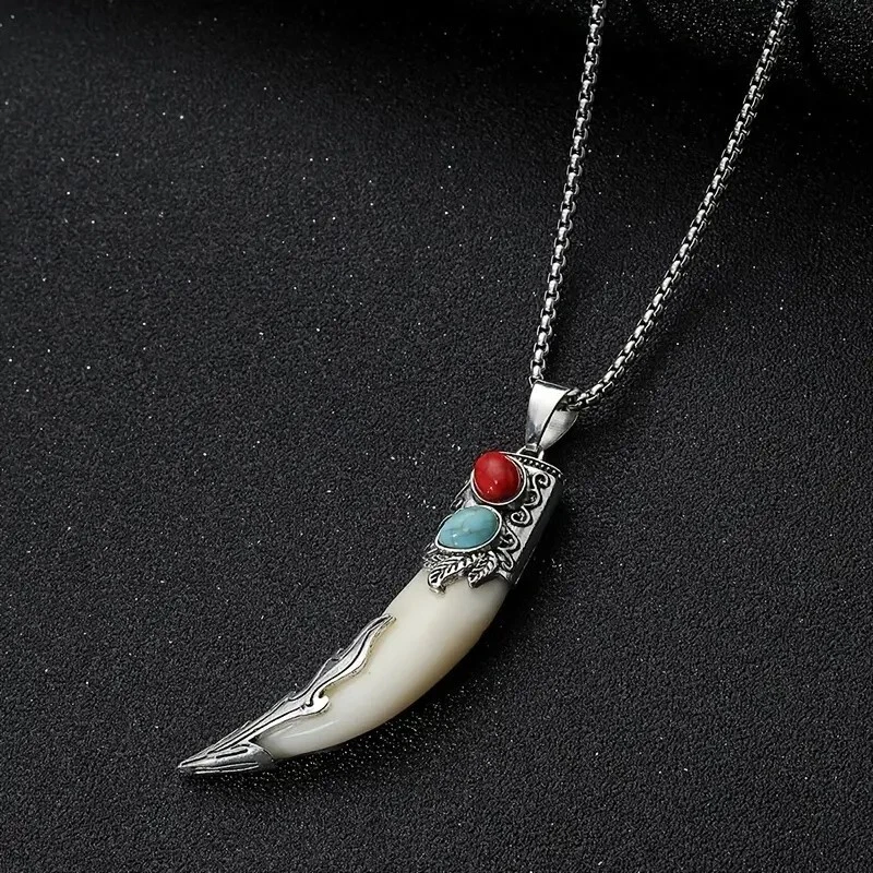 Tiger's Tooth Pendant Necklace, Onyx Lapis Bone Coral Turquoise Men's/Woman's - Image 3 of 4