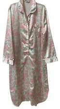 Kathryn M Satin Rose Print Nightgown Medium Pink Green Floral Button Front