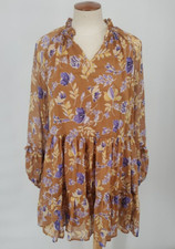 Altar'd State Dress Womens S Brown Floral Tiered Peasant Sleeve Mini Boho Puff