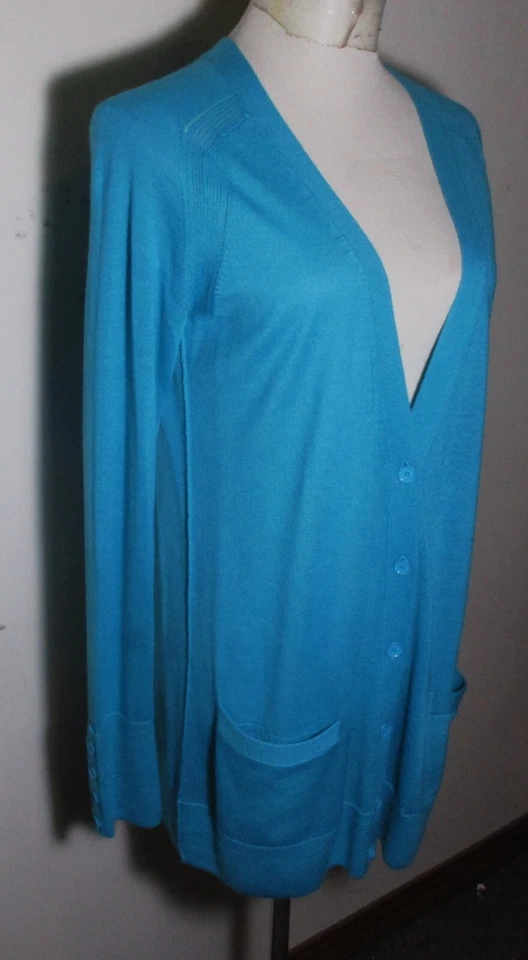 Cárdigan túnica suéter halógeno azul fino de lana merino para mujer talla L Foto 3 de 4