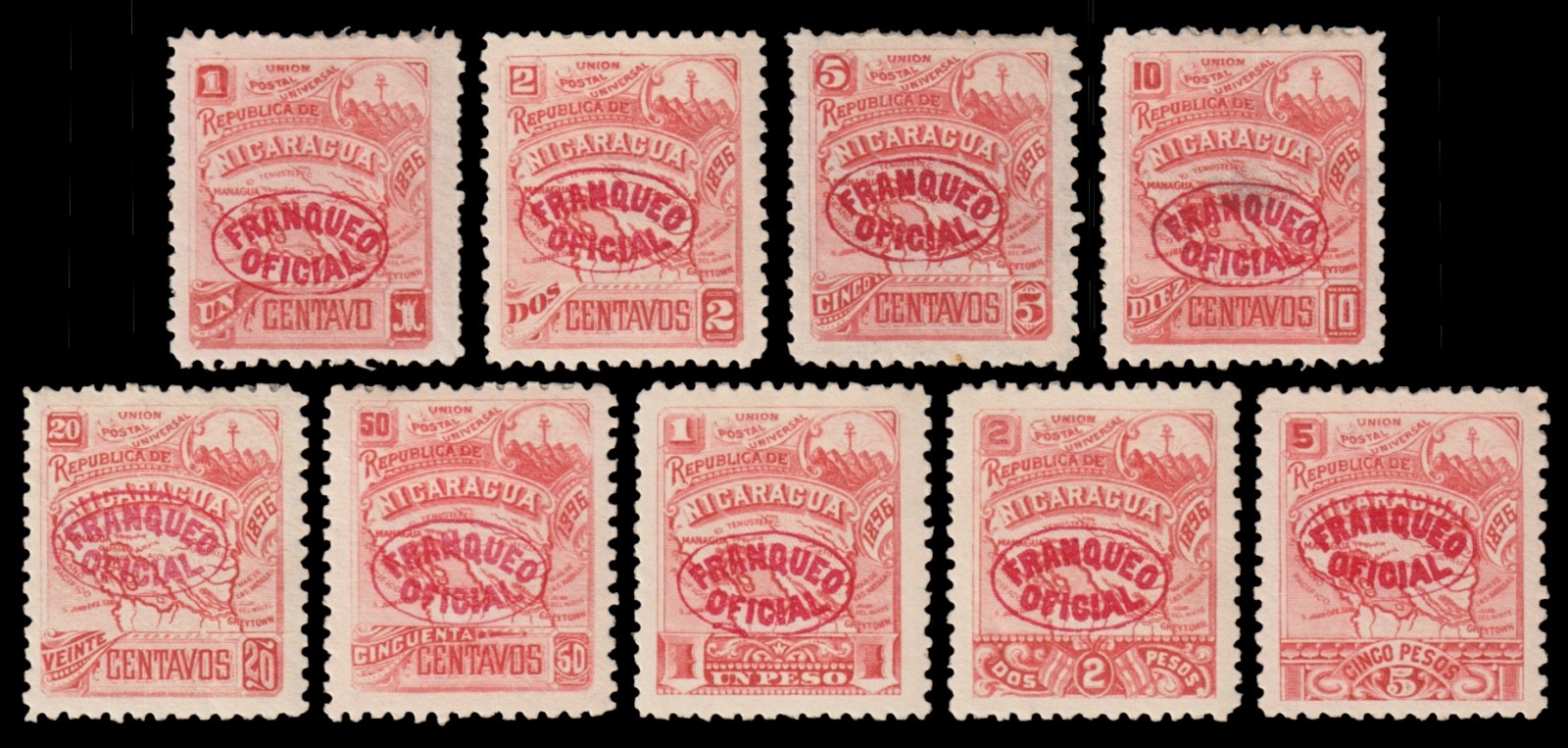 Nicaragua Scott O82-O90 (1896) Mint H VF Complete Set, CV $58.00 C