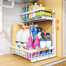 Under Sink Organizer, Adjustable Height, 2 Tier Pull Out Under Cabinet Organi...